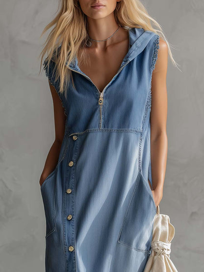 Robe midi en jean bleu vintage décontractée et raffinée, à capuche, col V, fermeture à glissière, fentes latérales et boutons