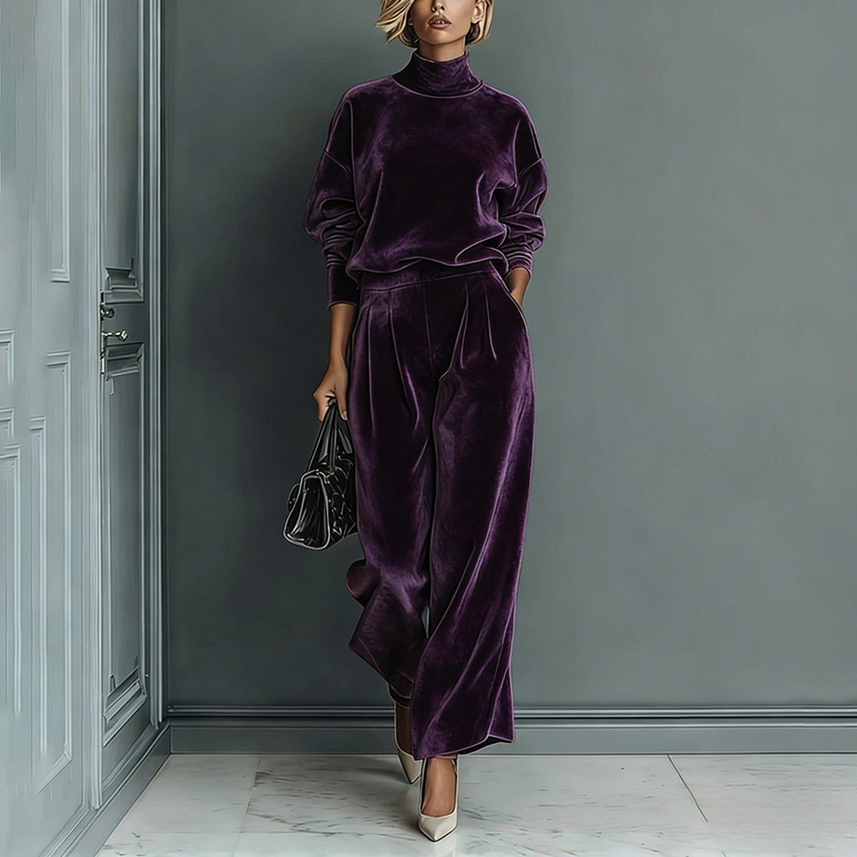 Ensemble haut à manches longues col roulé en velours élégant et pantalon large décontracté avec poches