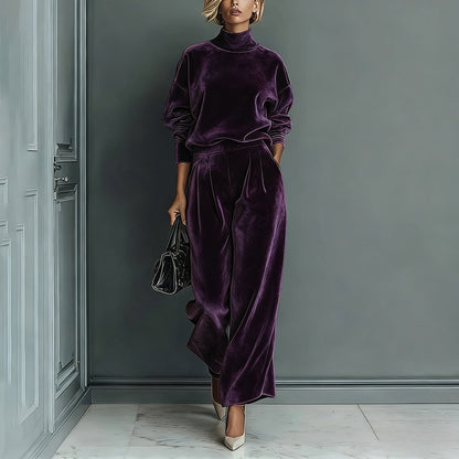 Ensemble haut à manches longues col roulé en velours élégant et pantalon large décontracté avec poches