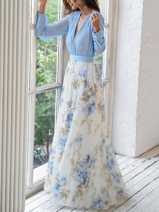 Robe longue à col V imprimée de fleurs, absolument magnifique