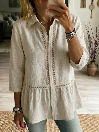 Chemise décontractée en lin et coton à patchwork, ajourée et à bande tissée