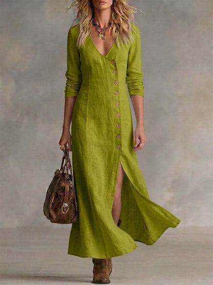 Robes longues mode en coton et lin à plusieurs boutons