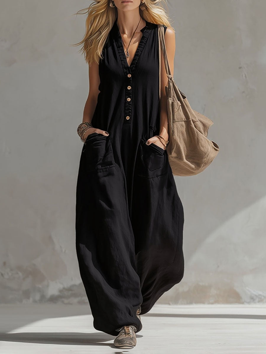 Combinaison sans manches à col V, couleur unie, jambes larges, avec boutons et poches