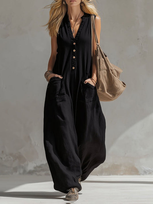 Combinaison sans manches à col V, couleur unie, jambes larges, avec boutons et poches
