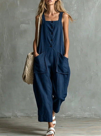 Loose Linen Square Neck Sleeveless Pocket Jumpsuit Casual Overall