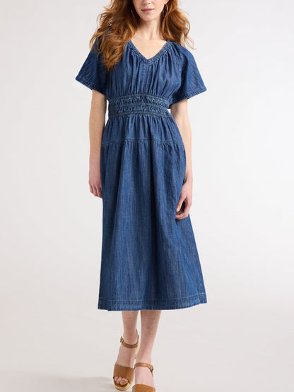 Robe midi décontractée femme en jean léger à volants, en promotion