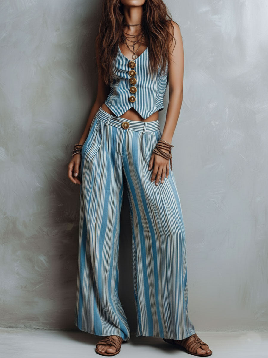 Ensemble gilet rayé bleu style bohème et pantalon à jambes larges