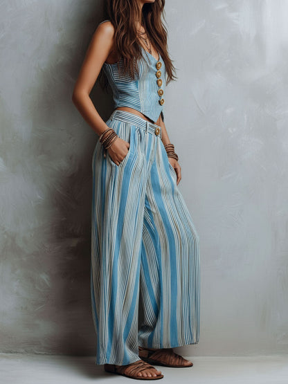 Ensemble gilet rayé bleu style bohème et pantalon à jambes larges