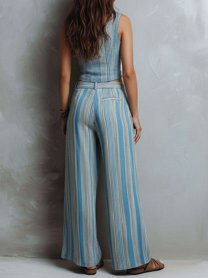 Ensemble gilet rayé bleu style bohème et pantalon à jambes larges