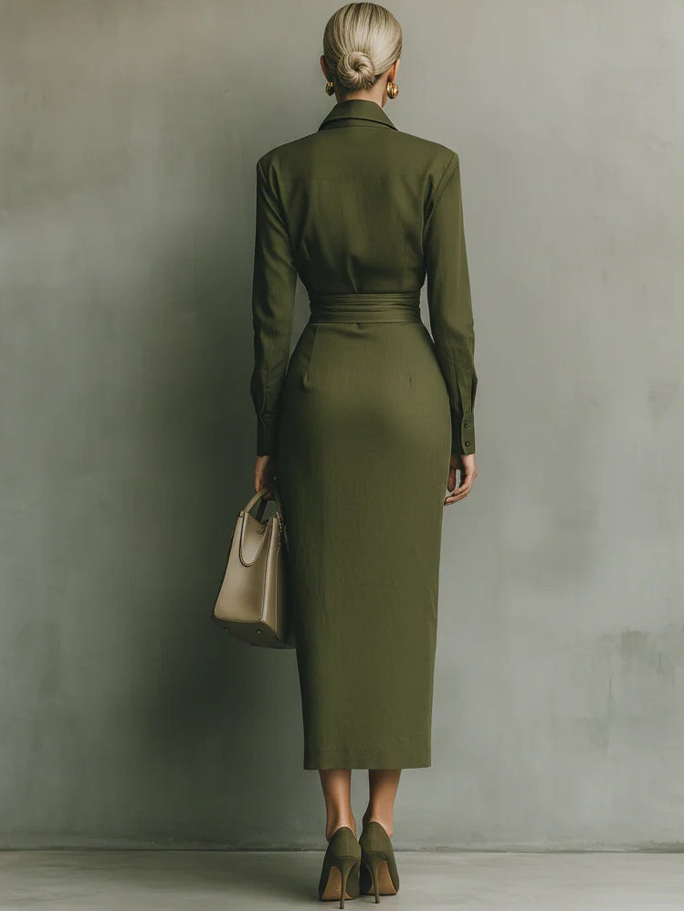 Robe longue en mélange de coton vert armée