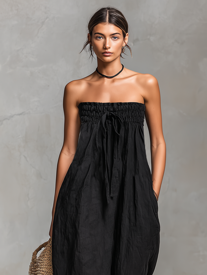 Combinaison sans bretelles pour femme, minimaliste, ample, en mélange de lin, avec fermeture à nouer