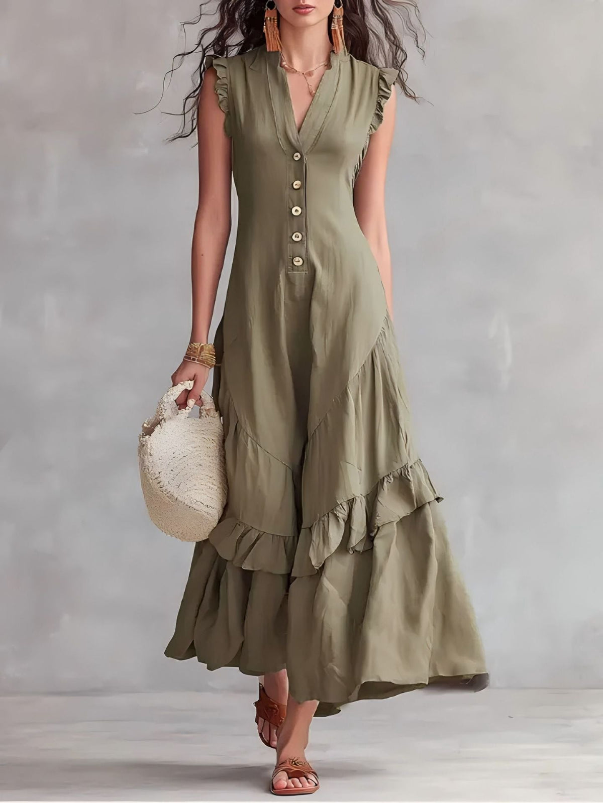 Robe longue sans manches à volants à col V
