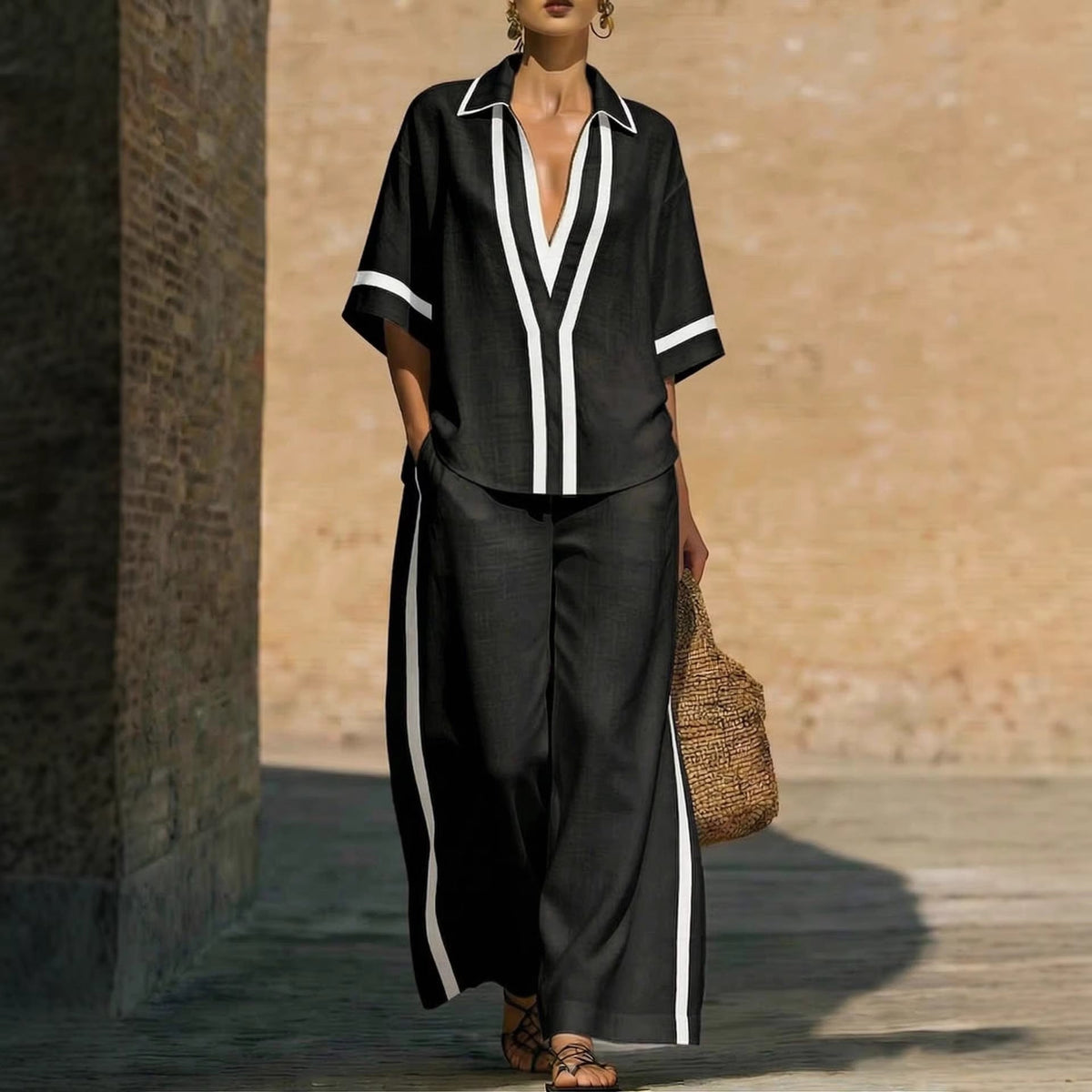 Ensemble deux‑pièces à blocs de couleurs tendance : chemise décontractée à manches courtes et pantalon à jambes larges