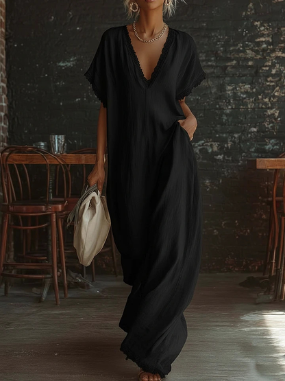 Robe maxi urbaine en coton blanc à col V, manches courtes et bordures en dentelle, style bohème décontracté