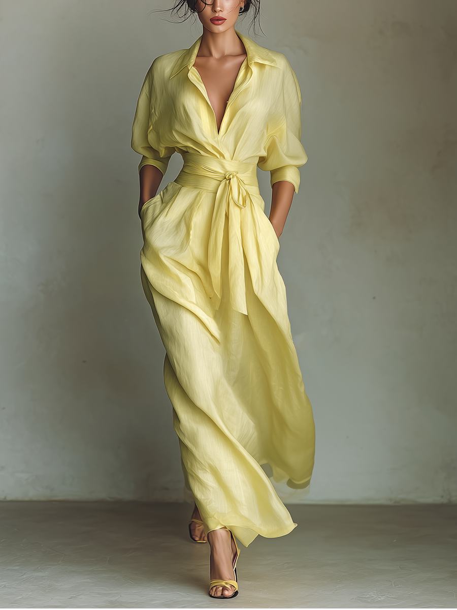 Robe‑chemise longue femme en mélange coton‑lin jaune citron, à taille nouée et manches mi‑longues