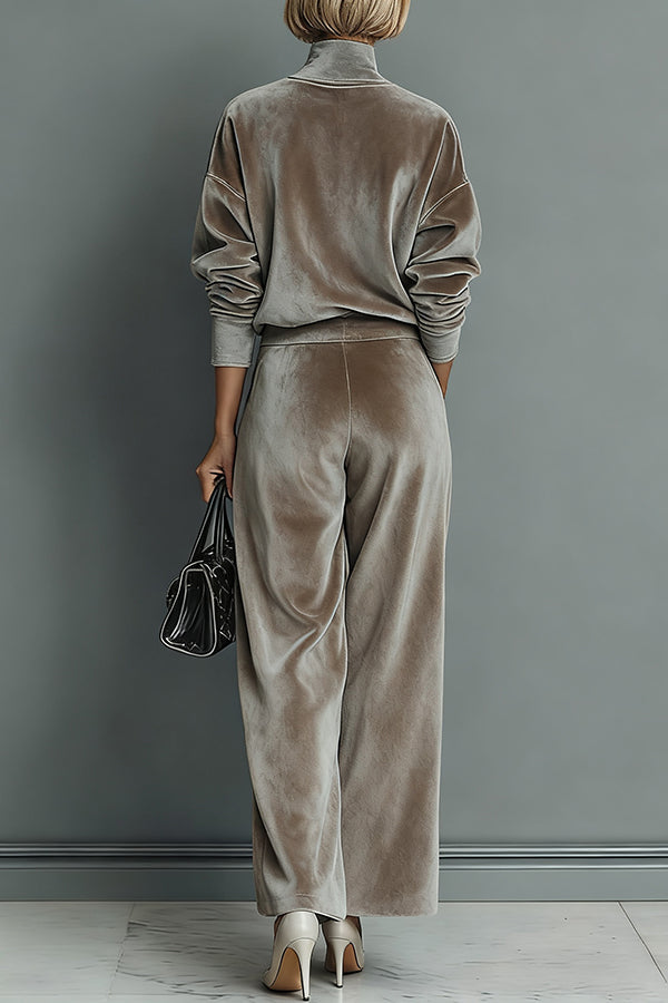 Ensemble haut à manches longues col roulé en velours élégant et pantalon large décontracté avec poches