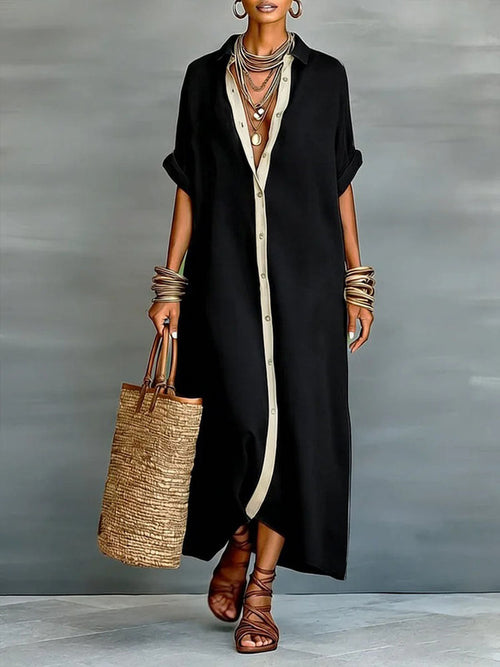 Robe longue à revers, à manches courtes amples, avec boutons, poches et coutures‑fendues