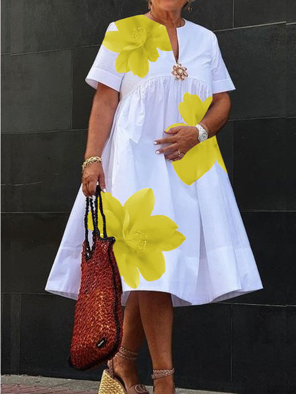 Robe midi à col V plissée à imprimé