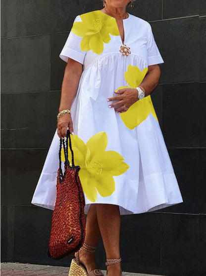 Robe midi à col V plissée à imprimé