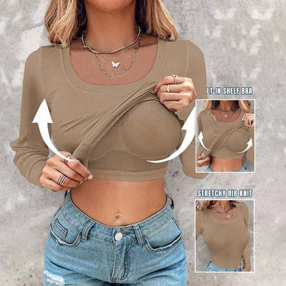 Haut à manches longues côtelé pour femme, col en U avec soutien-gorge intégré, coupe élégante et moulante, tissu extensible