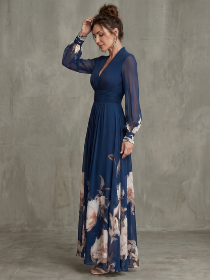 Pleated Sheer Sleeve Navy Maxi Dress