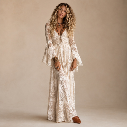 Robe longue en dentelle à manches cloche