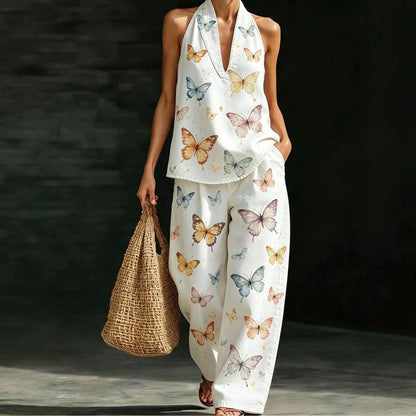 Geometric Print Halter V-Neck Sleeveless Top & Wide Leg Pants Two Piece Set
