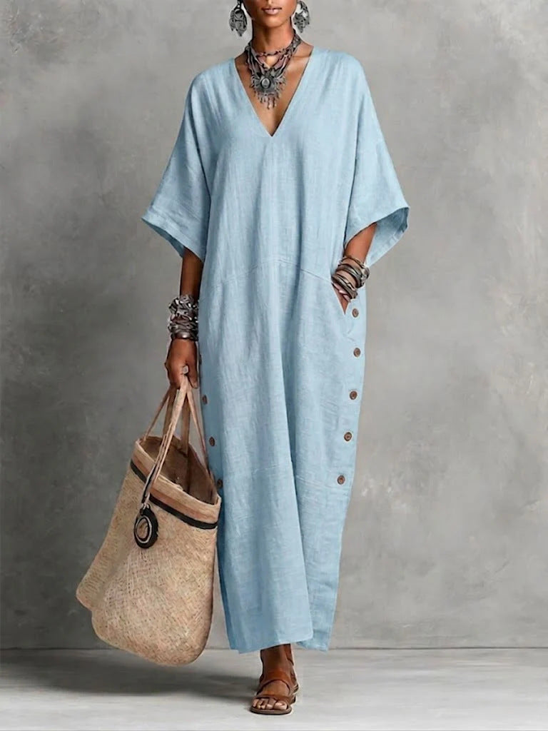 Natural Linen V-Neck Batwing Side Button Slit Maxi Kaftan Dress