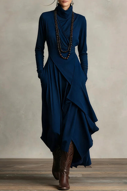 Robe maxi décontractée unie à col montant et manches longues, coupe asymétrique
