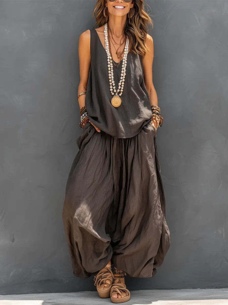 Ensemble top sans manches à col V en lin et pantalon à jambes larges
