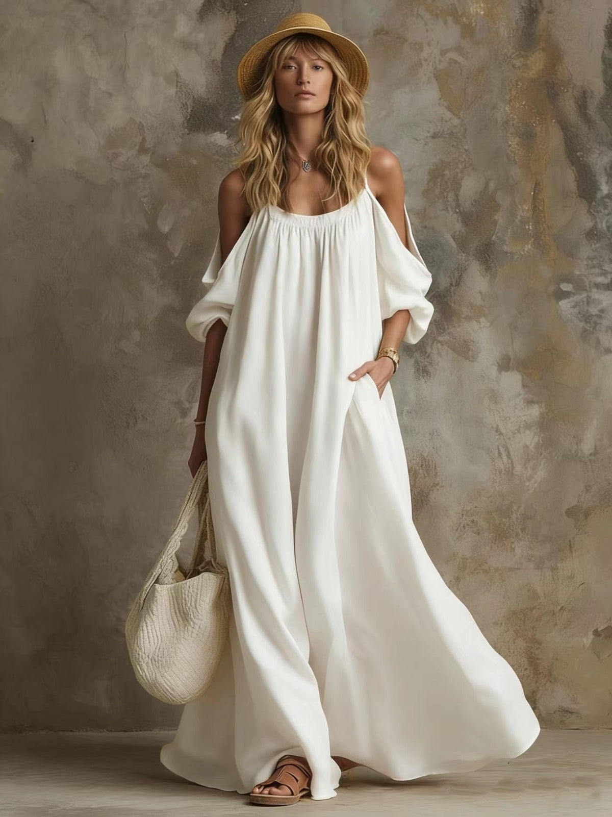 Cold Shoulder Puff Sleeve Pocketed Flowy White Maxi Caftan Dress