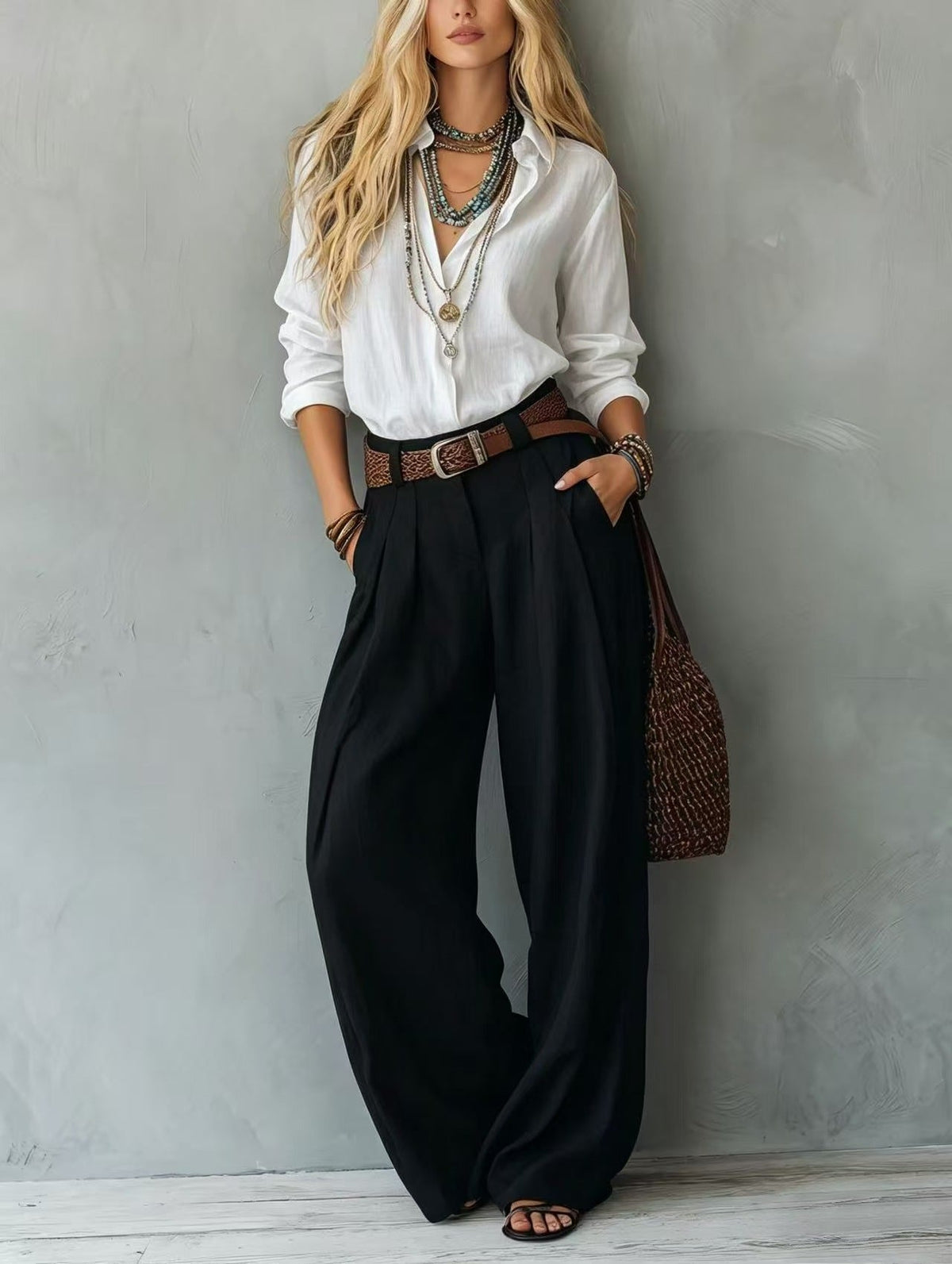 Navy Blue Loose Linen Shirt & Beige Pleated Wide Leg Linen Pants 2 Piece Boho Co-Ord Set