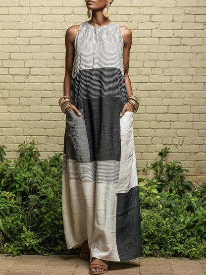 Women's Linen-Blend Color Block Striped Sleeveless Maxi Dress With Pockets