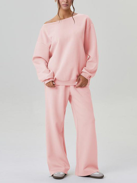 Ensemble haut à manches longues épaules découvertes et pantalon à jambes larges pour femme