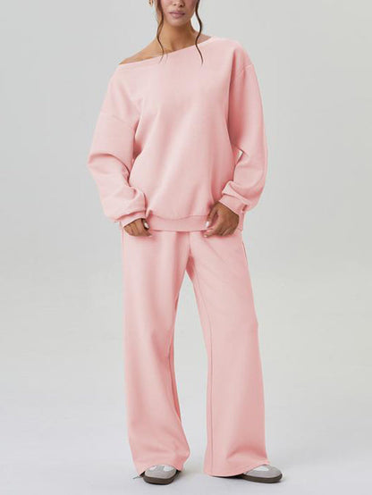 Ensemble haut à manches longues épaules découvertes et pantalon à jambes larges pour femme