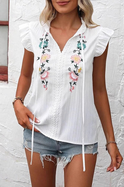 Tops décontractés à manches volantées avec broderie mode