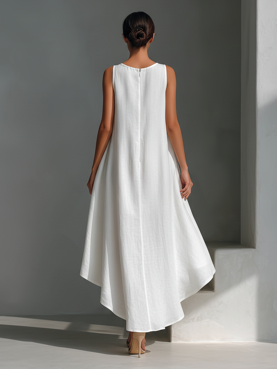 Robe midi sans manches en lin blanc pour femme à col rond