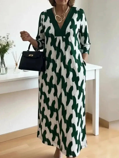 Elegant Art Print Color Block Trim V-neck Midi Dress