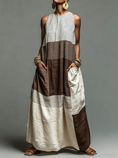 Women's Linen-Blend Color Block Striped Sleeveless Maxi Dress With Pockets