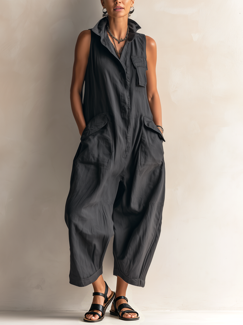 Combinaison sans manches style utilitaire, jambes larges