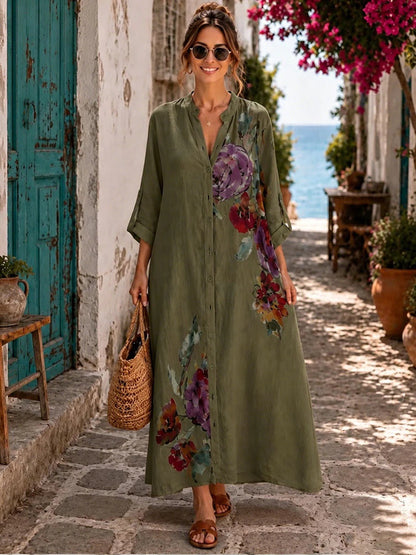 Floral Print Linen Button Down Maxi Dress