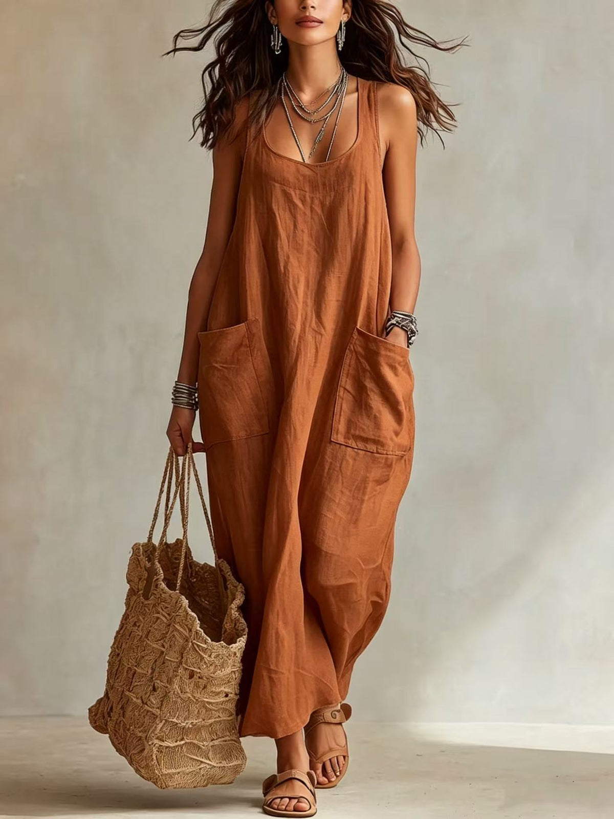 U-Neck Sleeveless Loose Pocket Maxi Dress, Casual Flowy Long Dress
