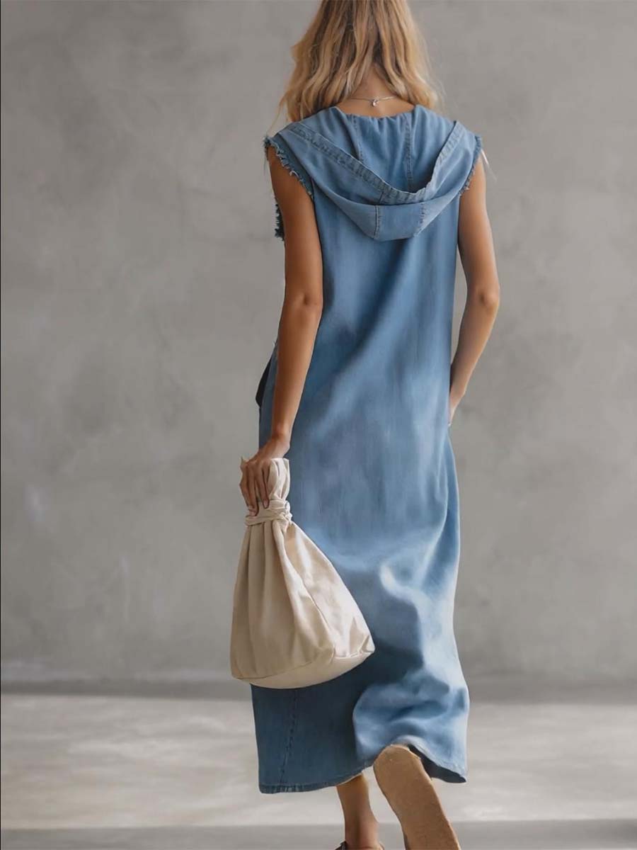 Robe midi en jean bleu vintage décontractée et raffinée, à capuche, col V, fermeture à glissière, fentes latérales et boutons