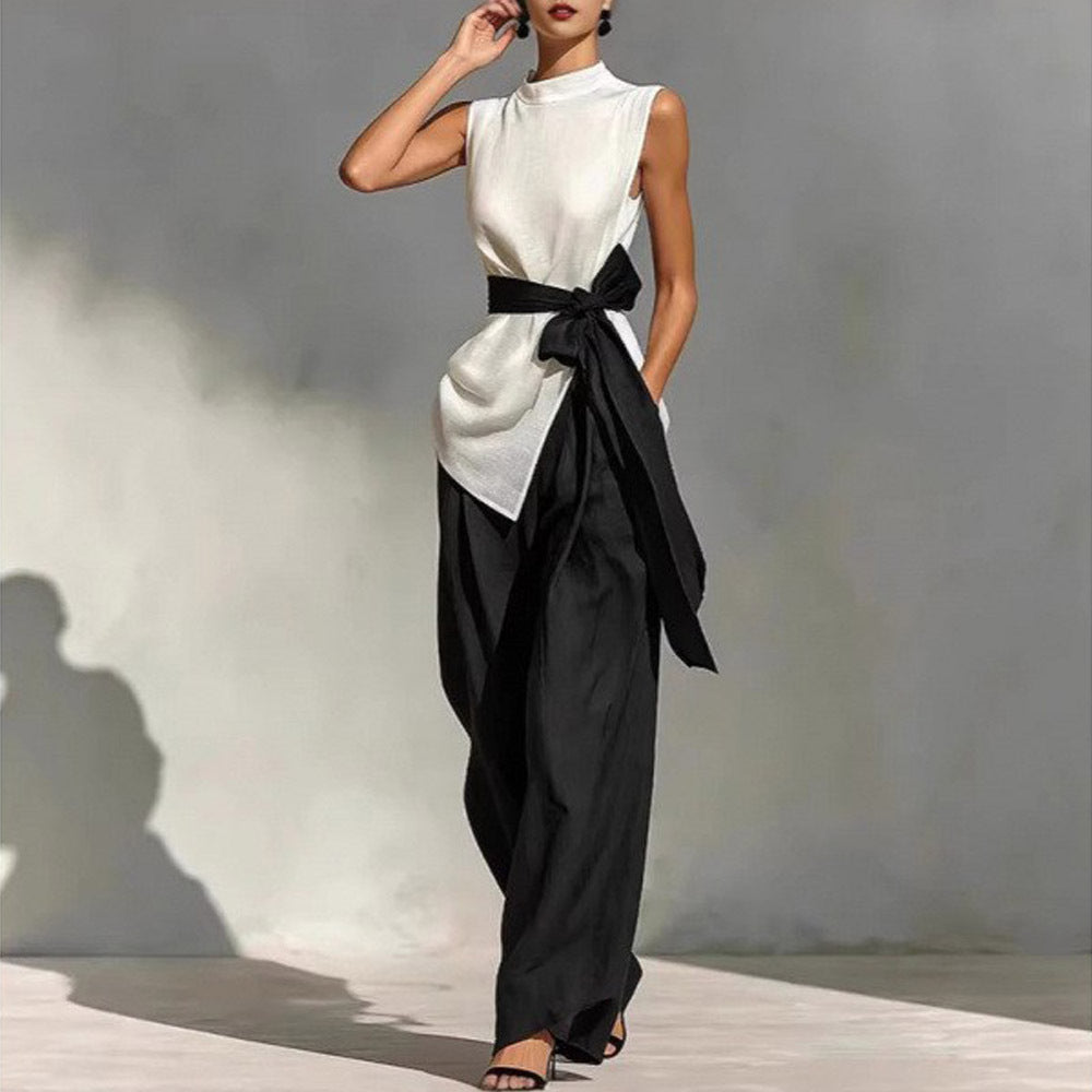 Ensemble deux‑pièces pour femme : haut sans manches à lacets à coloris contrastant + pantalon à jambes larges