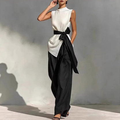 Ensemble deux‑pièces pour femme : haut sans manches à lacets à coloris contrastant + pantalon à jambes larges