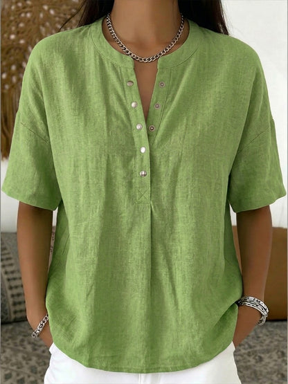 Nouveautés🔥 Chemise décontractée femme à col Henley, manches courtes en lin et coton