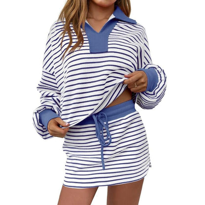 Women's Striped Two-Piece Casual Sweatshirt and Skirt Set