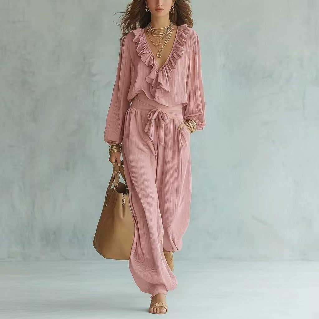 Ruffle V-Neck Long Sleeve Top & Tie Waist Wide Leg Pants Two Piece Set
