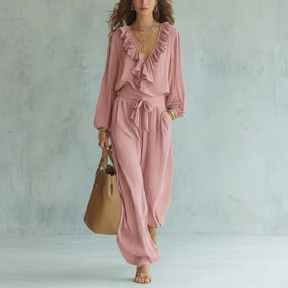 Ruffle V-Neck Long Sleeve Top & Tie Waist Wide Leg Pants Two Piece Set
