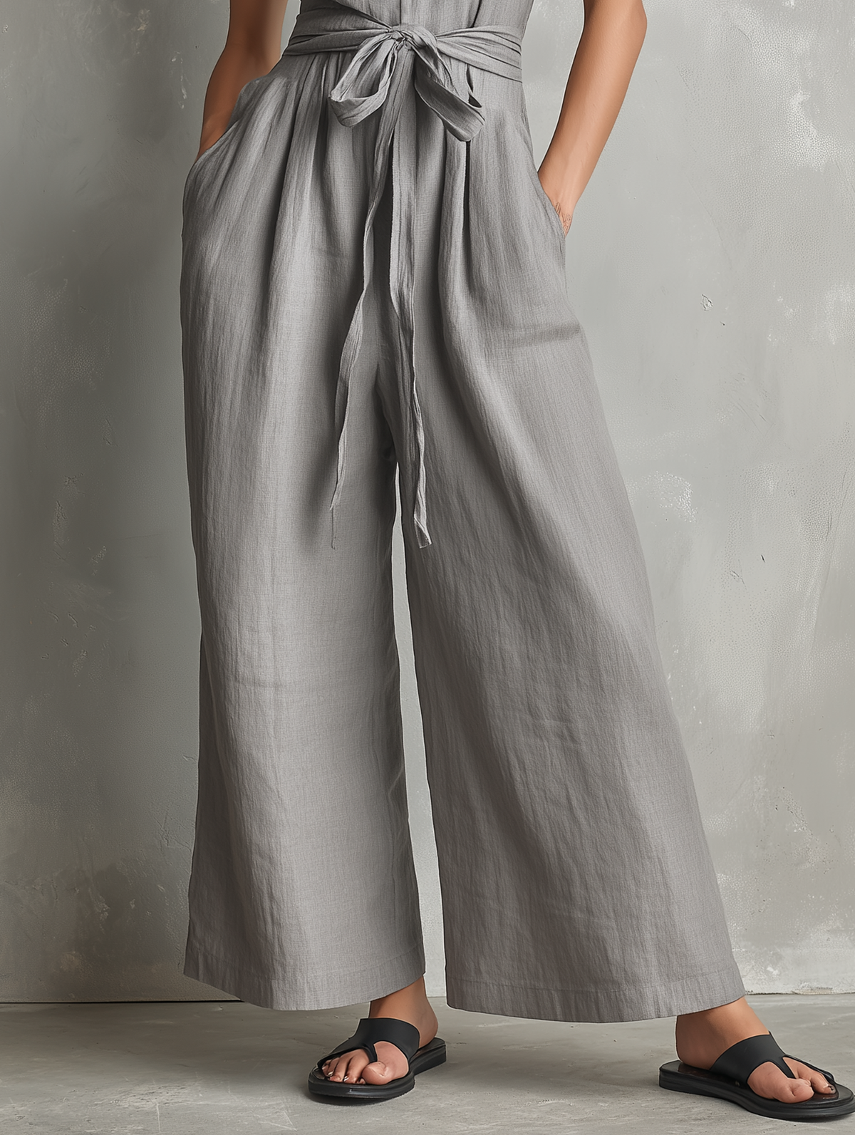 Combinaison femme minimaliste sans manches à col en V, à fermeture éclair, ceinturée, en mélange de lin
